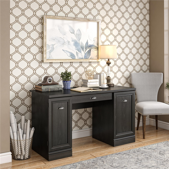 Ameriwood Home Delaney Double Pedestal Desk, Black Oak