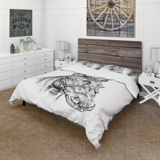 Designart 3-Piece White Freehand Horse Head Pencil Drawing Twin Duvet Cover Set