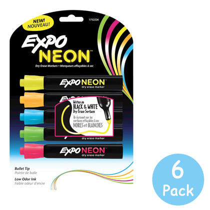 Expo@ Neon Dry Erase Markers, Bullet Tip - 5 Assorted Colors - 6/Pack