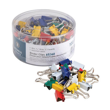 Business Source Binder Clips, Mini, 0.6" x 0.3'', Assorted Colors, 100 / Pack, 1030436