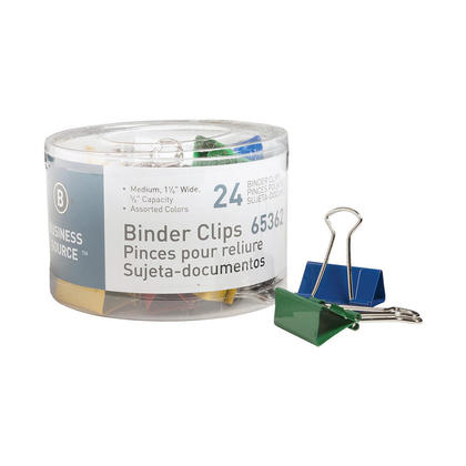 Business Source Binder Clips, Medium, 1.3" x 0.6", Assorted Colors, 24 / Pack, 1030353