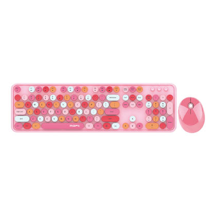 Colorful 2.4GHz Wireless Keyboard and Mouse Combo with Round Key Cap, 104 Keys - Pink