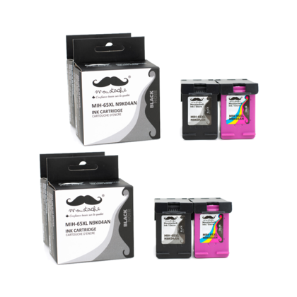 Compatible HP 65XL Ink Cartridges, Black and Tri-color 4 Pack, Moustache Brand - High Yield