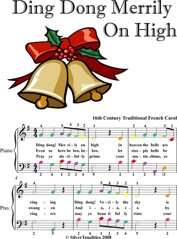Ding Dong Merrily On High Easy Piano Sheet Music with Colored Notes