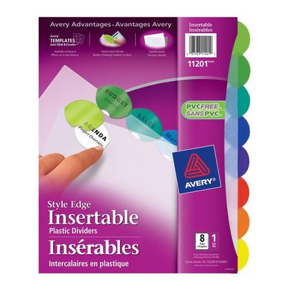Avery@ Style Edge Plastic Insertable Dividers, Multi-color, 8 Tabs/Set (11201)