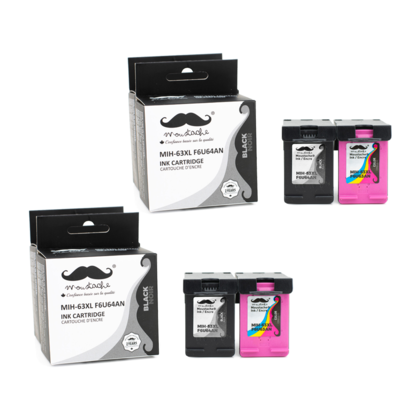 Compatible HP 63XL Ink Cartridges, Black and Tri-Color 4 Pack, Moustache Brand - High Yield