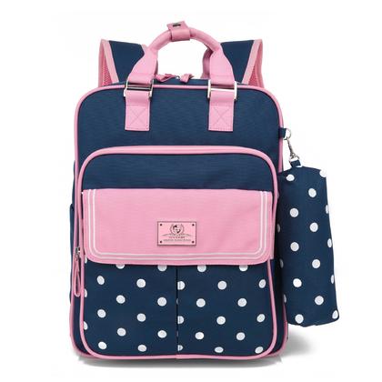 Polka Dot Children Schoolbag, With Pencil Case, 15.7" x 5.9" x 11.8" - Navy & Pink