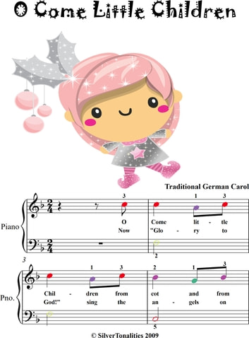 O Come Little Children Easiest Piano Sheet Music with Colored Notes