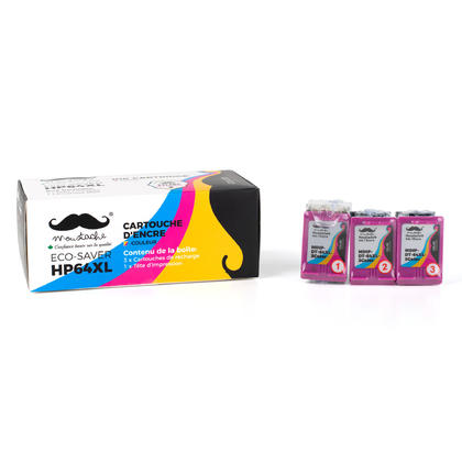 Compatible HP 64XL N9J91AN Eco-Saver Color Ink Cartridge High Yield 3PK Combo - Moustache®