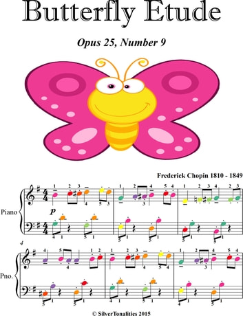 Butterfly Etude Opus 25 Number 9 Easy Piano Sheet Music with Colored Notes