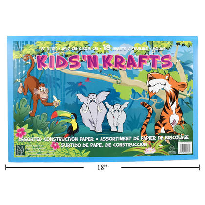 Construction Paper Pad Multi-Colored Craft Paper (18" x 12"), 18 Sheets, Assorted Colors