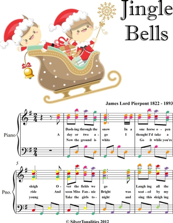 Jingle Bells Easy Intermediate Piano Sheet Music with Colored Notation