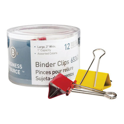 Business Source Binder Clips, Large, 2" x 1", Assorted Colors, 12 / Pack, 1030360