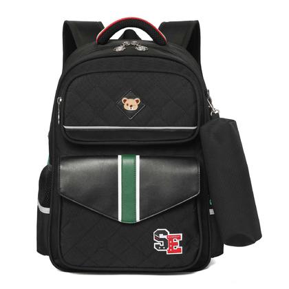 British Style Kids Schoolbag, With Pencil Case, 16.5" x 5.7" x 11.6" - Black