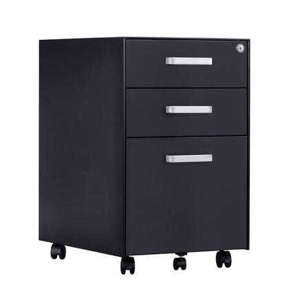 3-Drawer Steel Mobile File Cabinet with Lock - Black