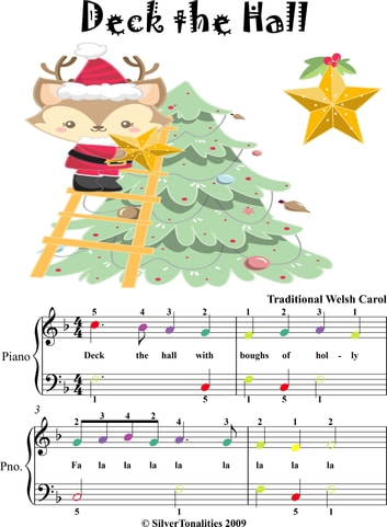 Deck the Hall Easiest Piano Sheet Music with Colored Notes