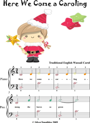 Here We Come A Caroling Easiest Piano Sheet Music with Colored Notes