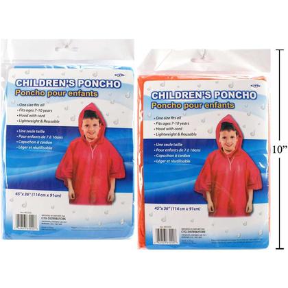 Rain Poncho with Hood For Children, 1 Randomized Color Per Pack